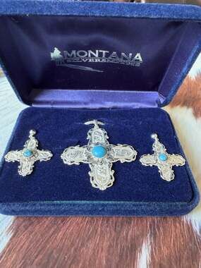 Vintage Montana Silversmiths Jewelry Set Earring Necklace Scroll Cross Turquoise